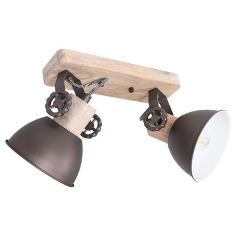 Industrial ceiling light Gearwood with retro design made of wood and metal, two lights with visible LED filaments.