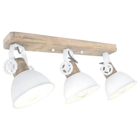 Industrial ceiling light Gearwood with wooden base and metallic lampshades in retro design.