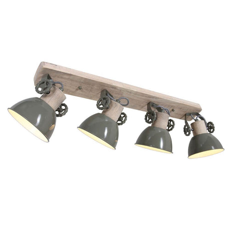 Industrial ceiling light Gearwood with four lights, wooden base and green metal shades in retro design.