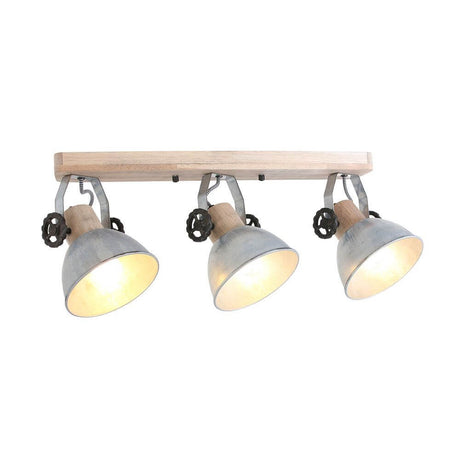 Industrial ceiling light Gearwood with three metal shades and wooden base in retro design.