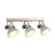 Industrie-Deckenleuchte Gearwood mit drei Metall-Schirmen und Holz-Basis im Retro-Design.