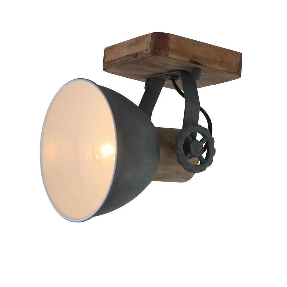 Industrie-Deckenleuchte Gearwood mit Holzbasis und Metallschirm im Retro-Design für stilvolle Beleuchtung.