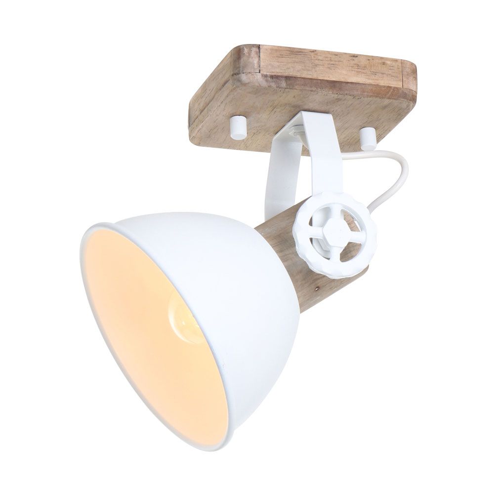 Industrie-Deckenleuchte Gearwood mit Holzbasis und weißem Metallschirm im Retro-Design.