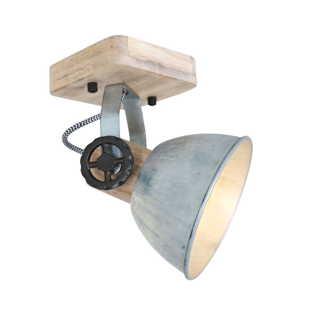 Industrie-Deckenleuchte Gearwood mit Holzbasis und Metallschirm im Retro-Design, ideal für stilvolle Innenräume.