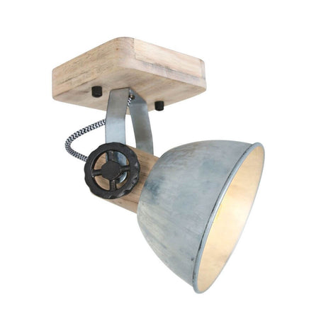 Industrial ceiling light Gearwood with wooden base and metal shade in retro design.