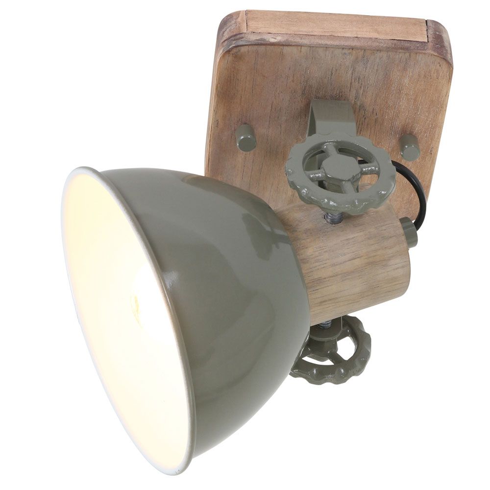 Industrie-Deckenleuchte Gearwood in Retro-Design mit Holzbasis und grünem Metallschirm.