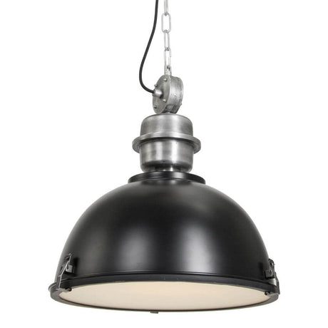 Bikkel industrial pendant light Ø42cm in black metal with industrial design and a white lampshade.