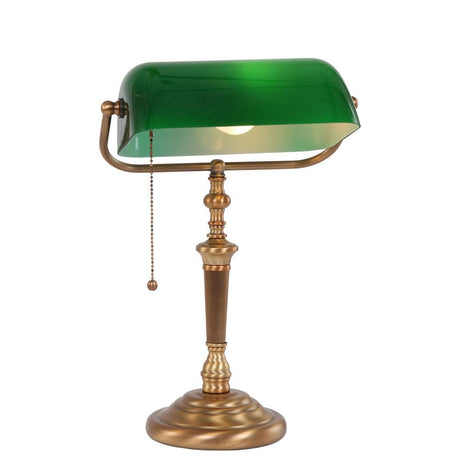 Vintage-Tischleuchte Ancilla Bankerslamp mit grünem Glasschirm und bronzefarbenem Fuß. ideales Wohnaccessoire für klassisches Ambiente.