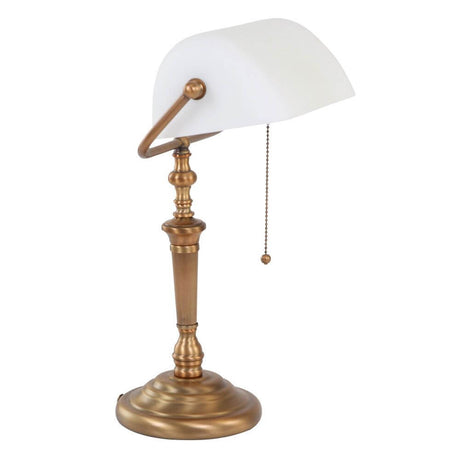 Vintage-Tischleuchte Ancilla mit bronze-gebürstetem Fuß und weißem Glasschirm, stilvoll und elegant.