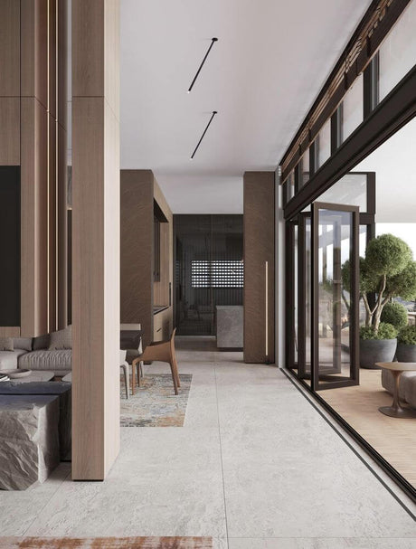 Aménagement intérieur moderne avec style, plafonnier Stilvi H 64 cm Ø 5 cm 3000K et grandes fenêtres.