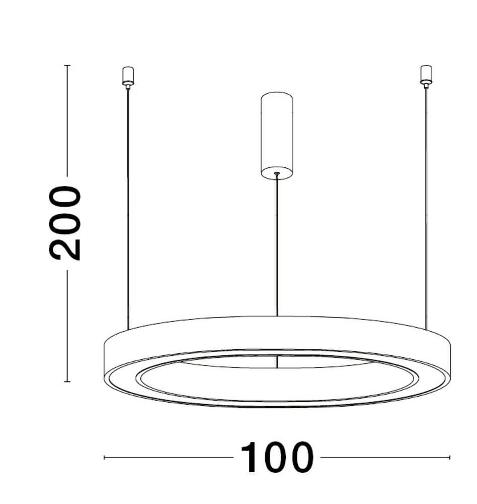 Technische Zeichnung der Sting LED Pendelleuchte Ø 100cm, Höhe 200cm, mit blendfreier Beleuchtung.