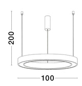 Technische Zeichnung der Sting LED Pendelleuchte Ø 100cm, Höhe 200cm, mit blendfreier Beleuchtung.