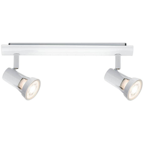 Strahler Teja 2-flammig Weiß GU10 mit zwei weißen Spotlights auf einer silbernen Schiene.