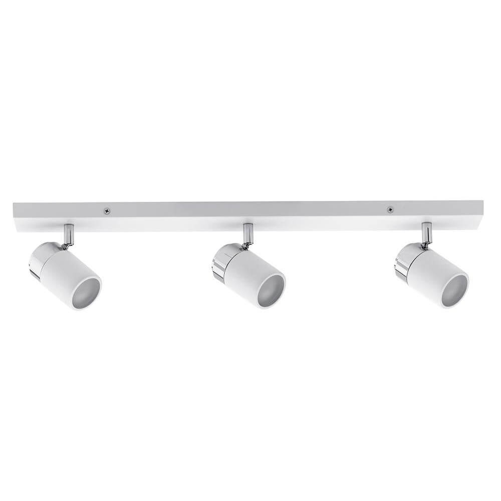 Strahler Zyli 3-flammig Balken Weiß Chrom GU10 mit drei Spotlights auf einer schlanken Leiste.