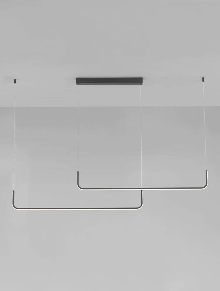 Strita LED Pendelleuchte 150 cm mit 2 Flammen und warmweißem Licht 3000K, modernes Design für stilvolle Räume.