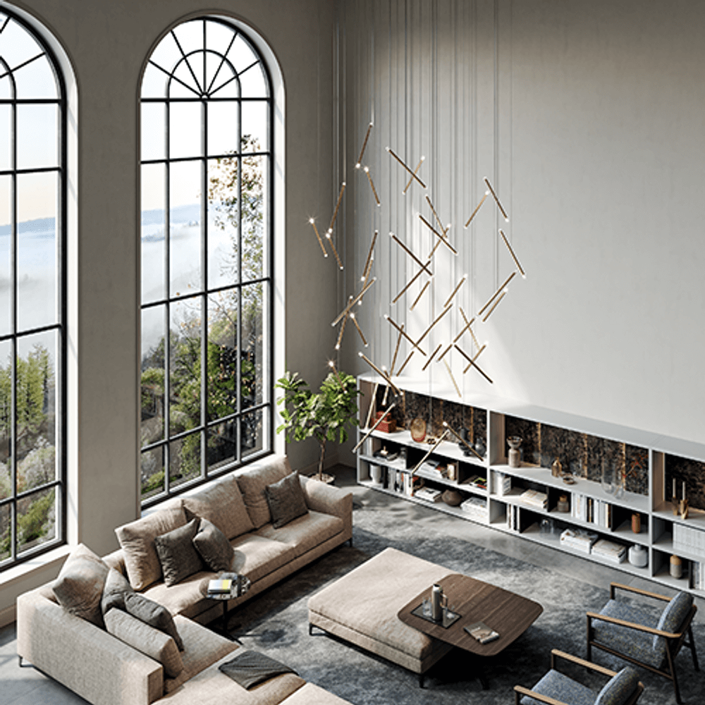 Lodes A-Tube Nano Duo LED Pendellampe in modernem Wohnzimmer mit großen Fenstern und eleganter Einrichtung.