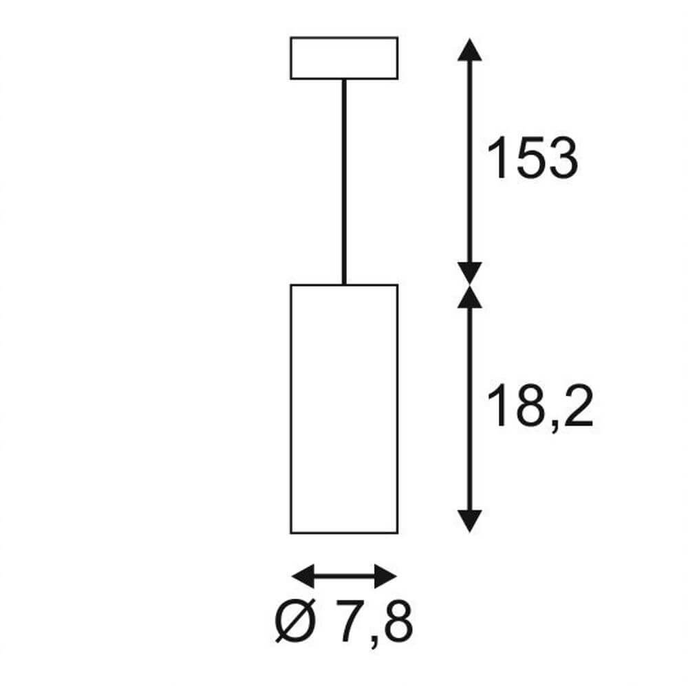 Supros 78 Pendelleuchte rund Schwarz 3000K 60° Linse mit Abmessungen 7,8 cm Durchmesser und 153 cm Länge.