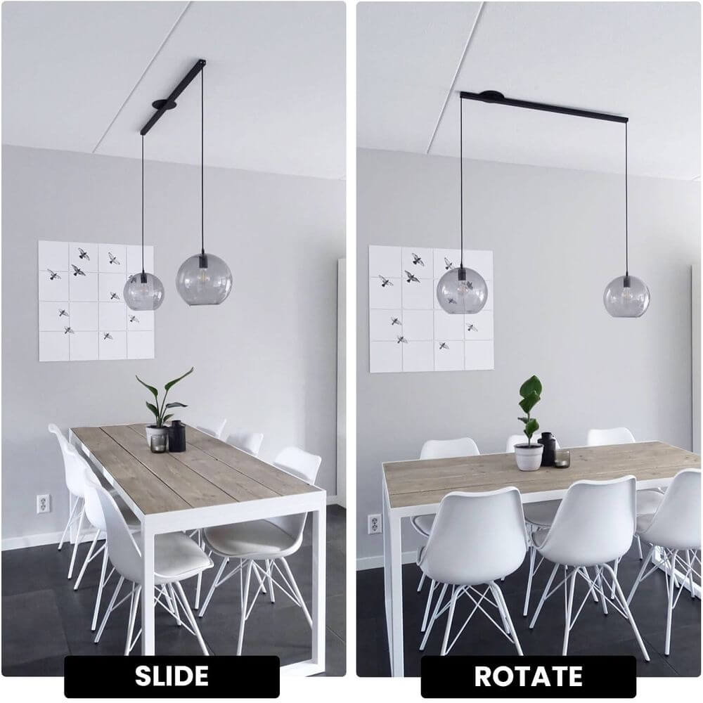 Swing 2 Aufhängesystem 110cm Twin für zwei Hängeleuchten in einer modernen Esszimmerumgebung.