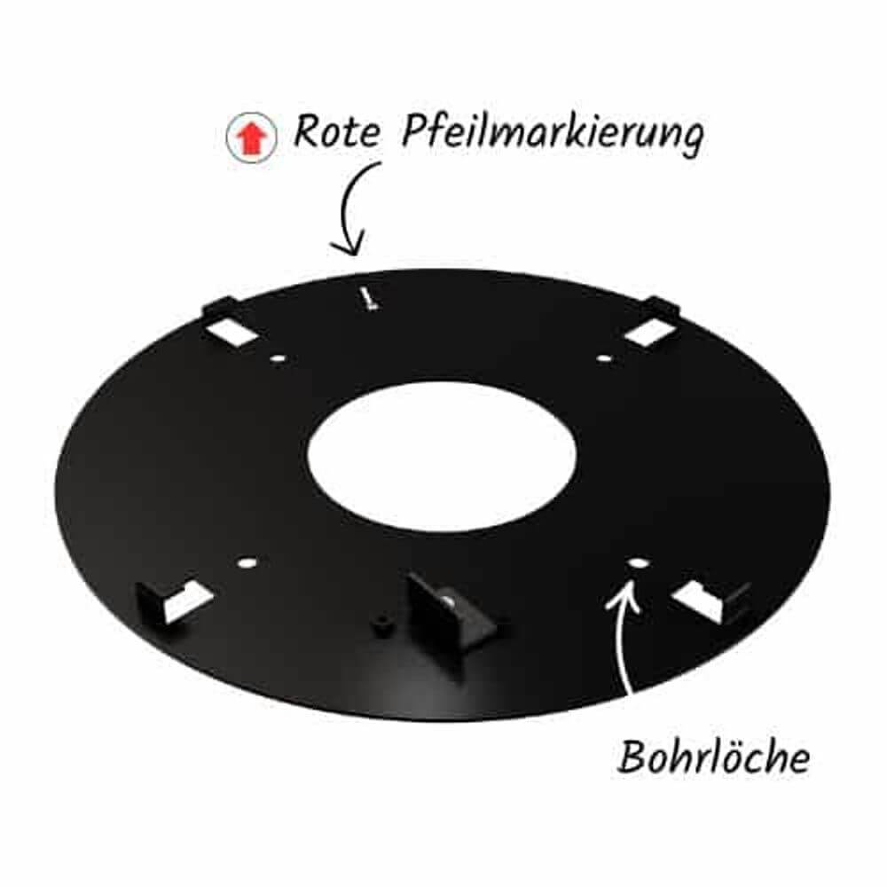 Swing Baldachin Zero für Hängeleuchten – schwarze Halterung mit Bohrlöchern und Pfeilmarkierung.