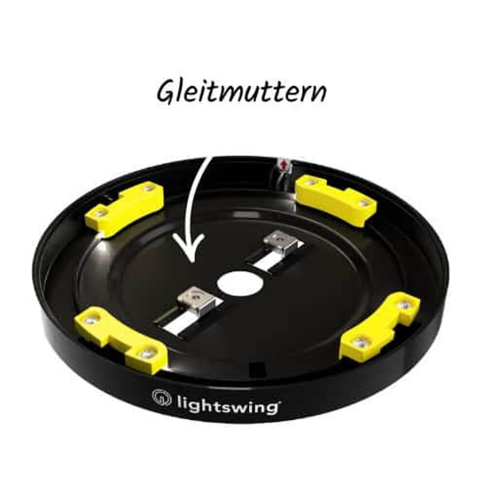 Detailansicht von Gleitmuttern für Swing Baldachin Zero für Hängeleuchten, schwarz mit gelben Halterungen.