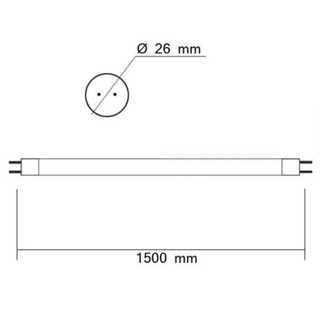 T8 LED Röhre Nano+ 150 in Neutralweiß 3150lm Maßsskizze mit Durchmesser 26mm und Länge 1500mm.