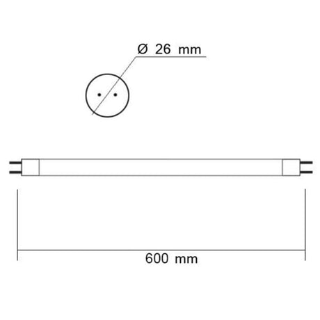 Technische Zeichnung der T8 LED Röhre Nano+ 60 in Neutralweiß 1250lm mit Abmessungen und Anschlussdetails.