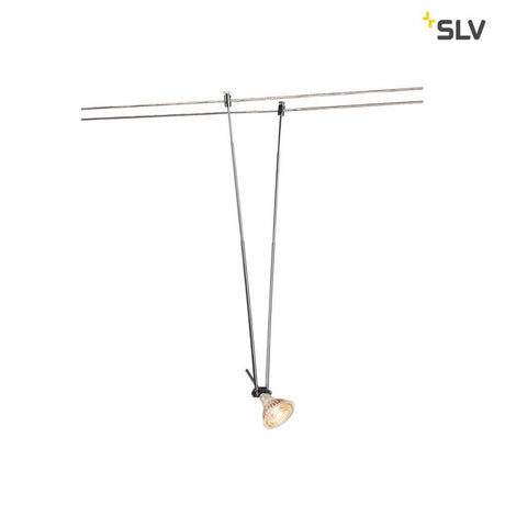 Telescopic cable light for Tenseo 12V cable system QR-C51 chrome suspended from telescopic rods on the low-voltage cable system.
