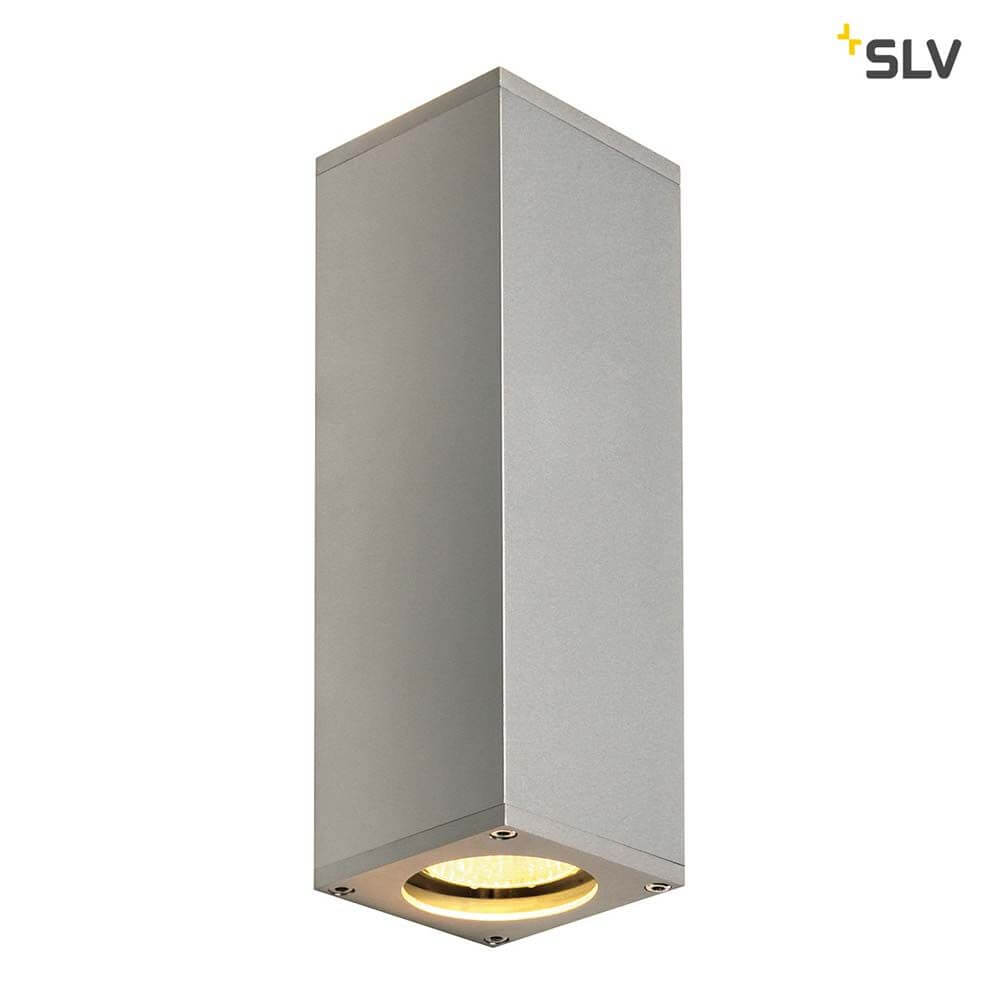 Theo Up/Down QPAR51 Wandleuchte Silbergrau - moderne Wandaufbauleuchte aus Aluminium mit doppeltem Lichtkegel.