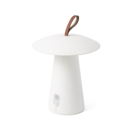 Task Outdoor LED-Tischlampe USB IP54 Weiß mit lustigem Pilzdesign und Ledergriff.