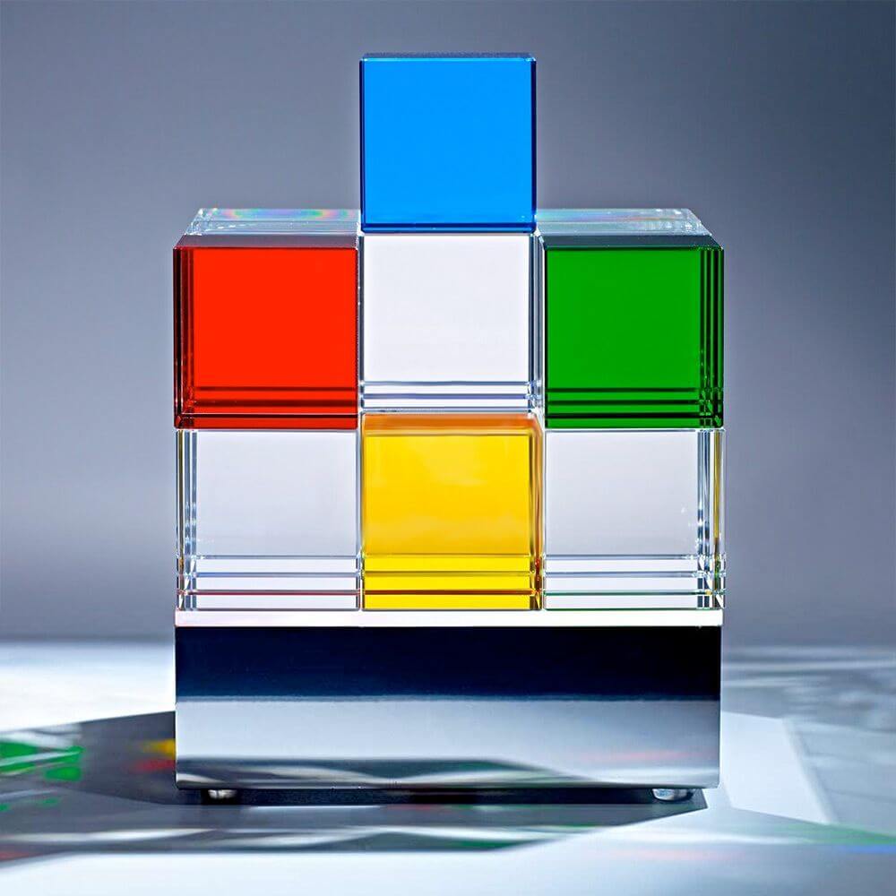 Lampe de table Tecnolumen Cubelight acier inoxydable verre clair coloré