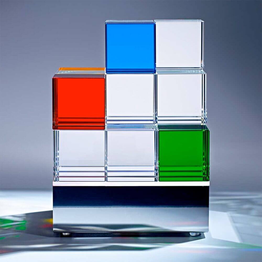 Lampe de table Tecnolumen Cubelight acier inoxydable verre clair coloré
