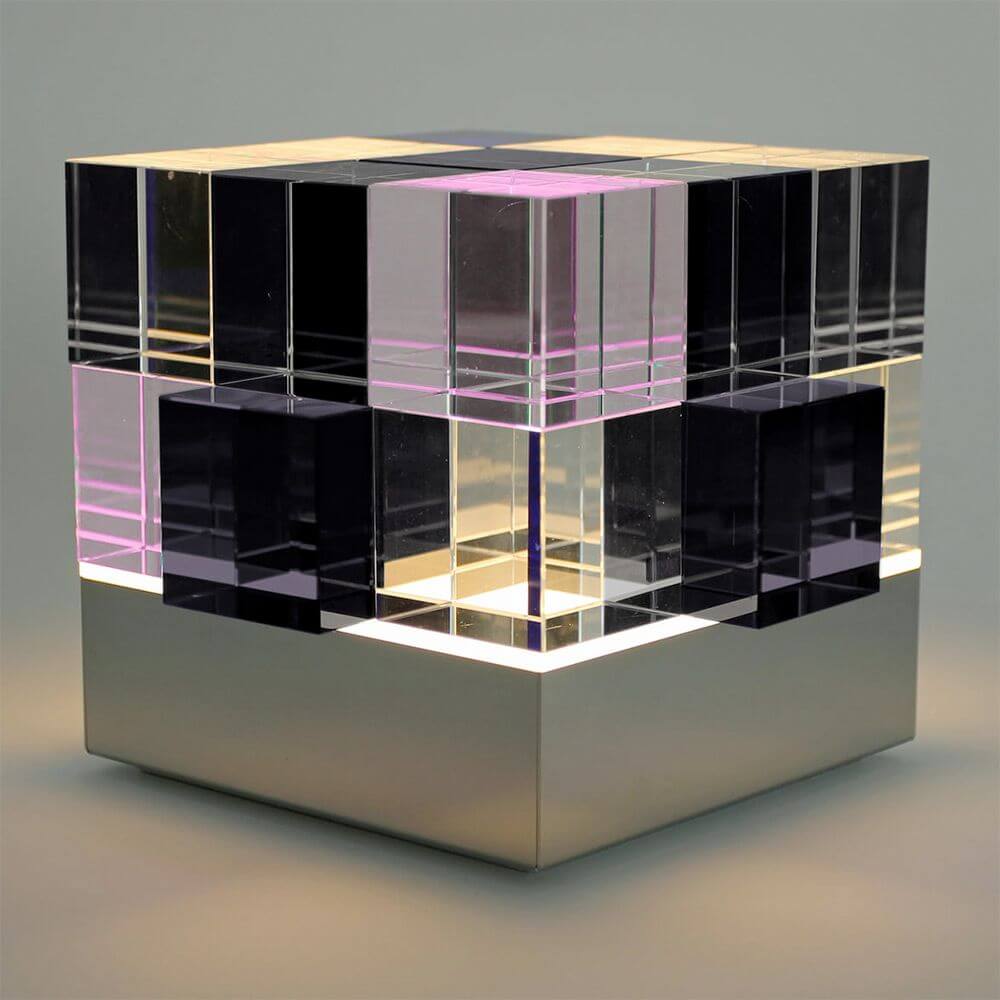 Tecnolumen Tischleuchte Cubelight Edelstahl Glas klar schwarz rosa