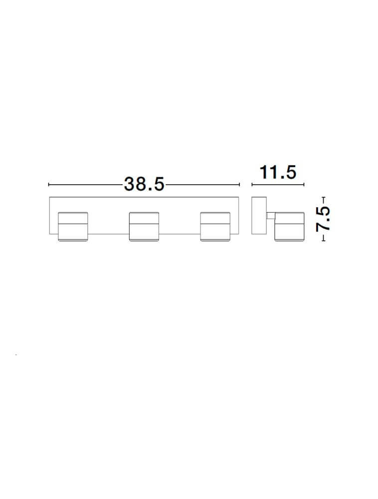 Technische Zeichnung der Teko LED Wandleuchte 3-flammig 3000K Schwarz IP44, Maße 38.5 x 11.5 x 7.5 cm.
