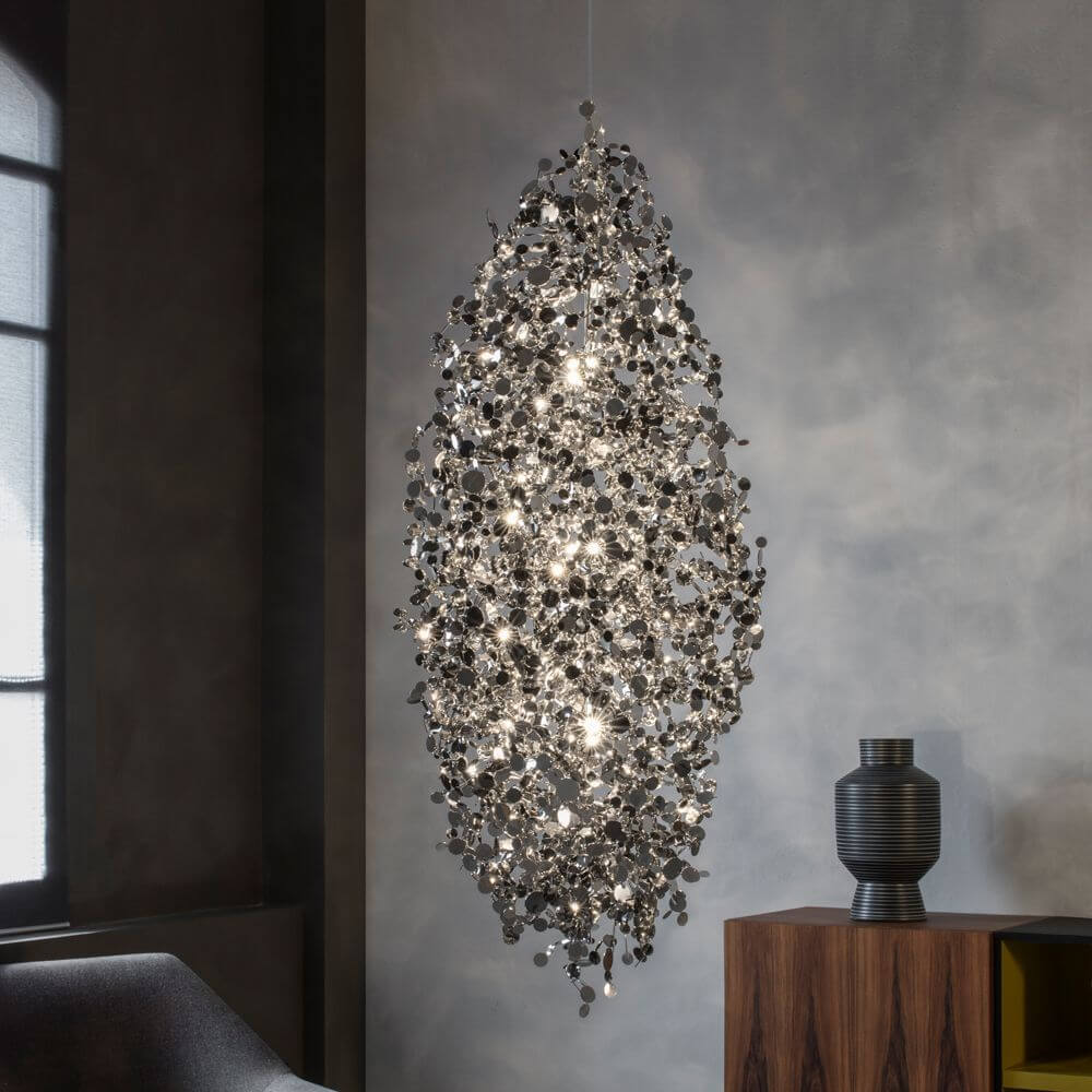 Terzani Argent XXL Design-Hängelampe Ø 60cm in Edelstahl, schimmerndes Leuchten, modernes Interieur.