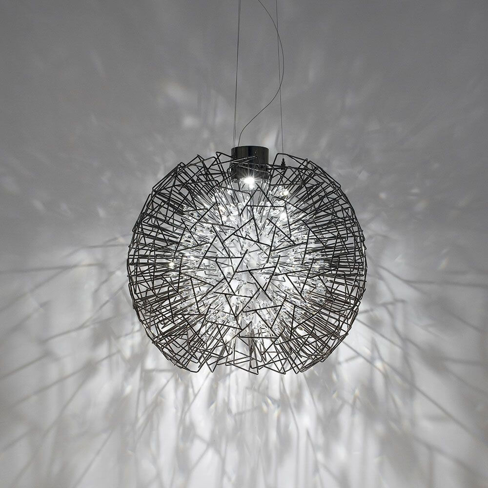 Terzani Core Design-Pendellampe Ø 70cm - stilvolle Pendelleuchte mit facettiertem Kristall und metallischer Struktur.