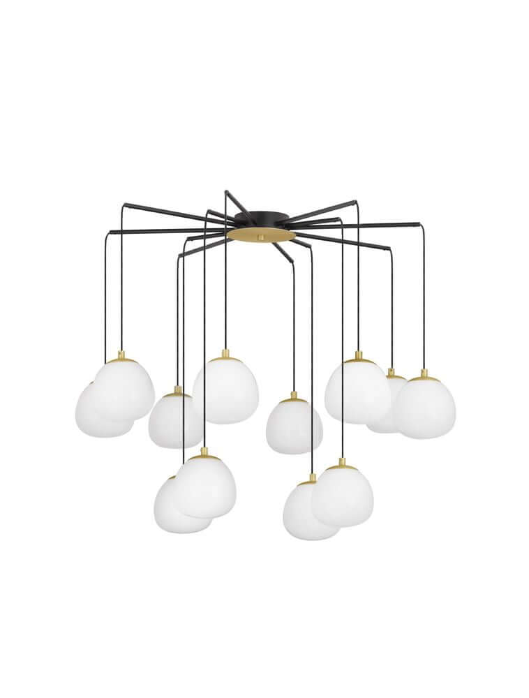 Moderne Pendelleuchte THE EGG mit 12 opalen Glasschirmen in Schwarz und Gold.