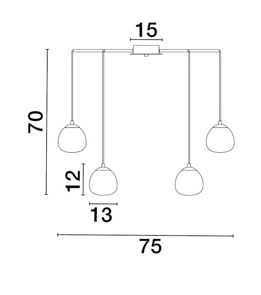 Technische Zeichnung der Pendelleuchte THE EGG mit 12 opalen Glasschirmen, Abmessungen und Montagehinweisen.
