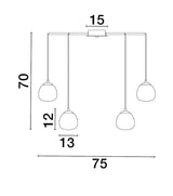 Technische Zeichnung der Pendelleuchte THE EGG mit 12 opalen Glasschirmen, Abmessungen und Montagehinweisen.