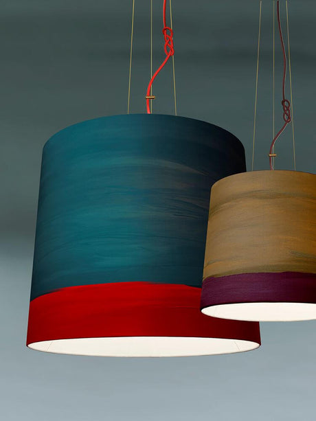 The Sisters linen pendant light Hand-painted – hand-painted linen lampshade in blue, red and natural tones, modern artistic design