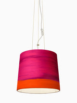 Sisters Leinen-Pendelleuchte in pink und orange, handbemalt mit kunstvollen Farbnuancen.
