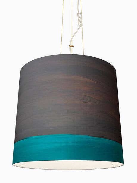 The Sisters linen pendant light Hand-painted with dark grey top and turquoise color band, hand-painted linen lampshade