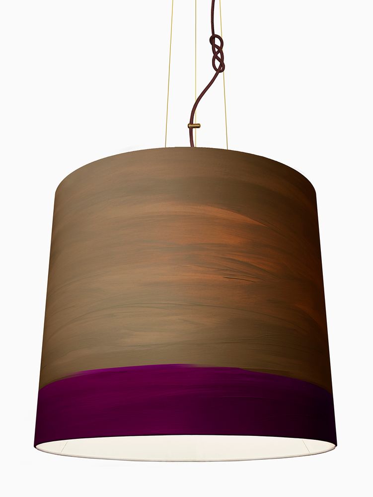 Handbemalte Leinen-Pendelleuchte von Mammalampa in warmen Farbtönen und lila Akzent, zeitgenössisches Design.
