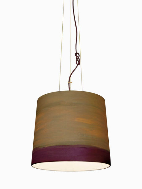 The Sisters linen pendant light Hand-painted – hand-painted linen lampshade in warm earth tones with a purple-red hem, modern pendant light