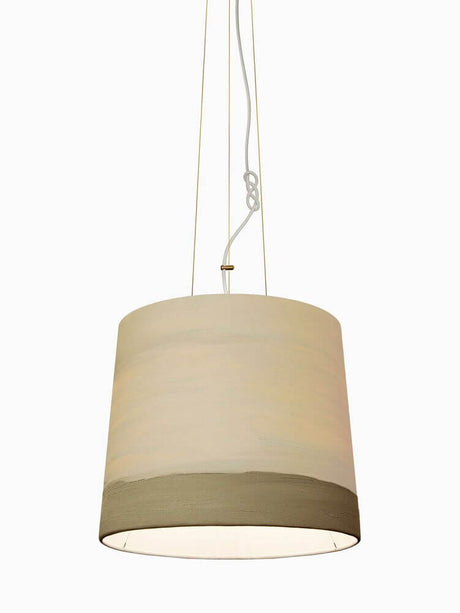 The Sisters linen pendant light Hand-painted – cylindrical, hand-painted linen lampshade with subtle color gradient and grey edge