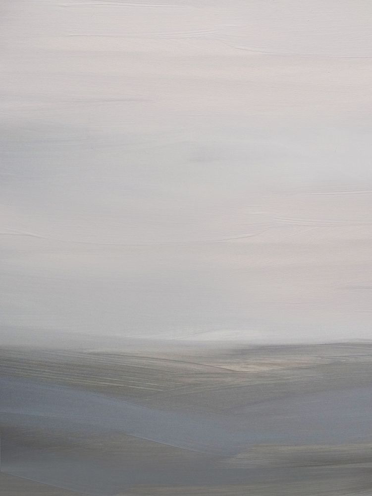 Abstraktes Gemälde mit sanften Grautönen und einem hellen, nebelartigen Himmel.