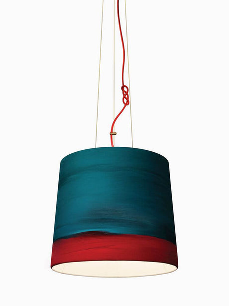 The Sisters linen pendant light Hand-painted – hand-painted linen lampshade in petrol with a red hem, modern hanging designer pendant light