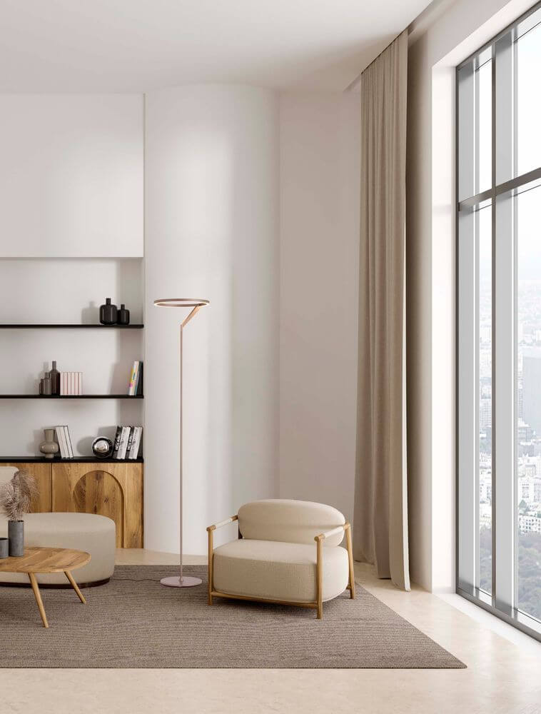 Moderne Wohnlandschaft mit Tilia LED Stehlampe H 168cm 3000K, zeitloser Eleganz und Minimalismus, gemütliche Sitzgelegenheit.