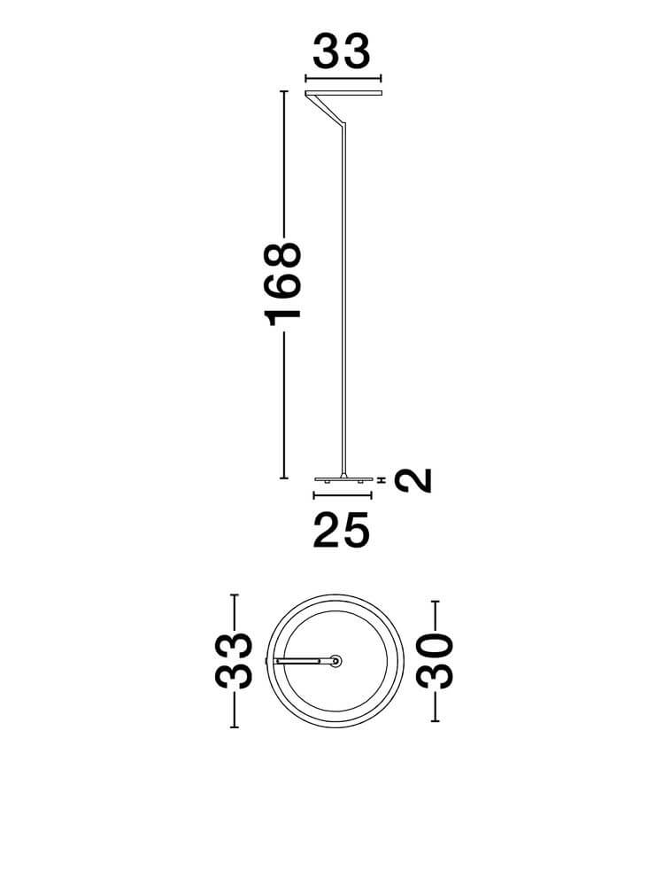 Tilia LED Stehlampe H 168cm 3000K – technische Zeichnung mit Maßen und Designdetails.