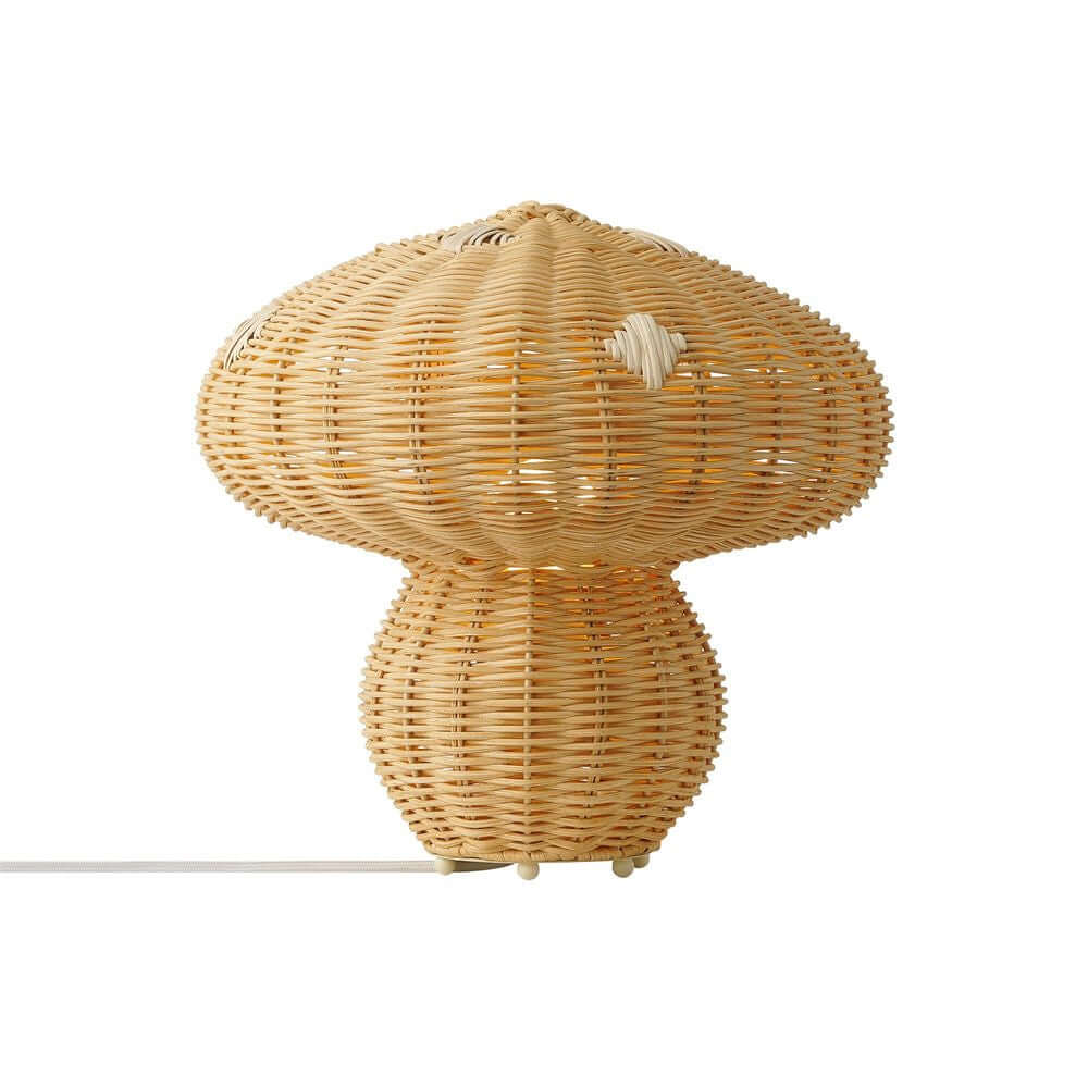 Tischlampe Allie in Pilzform aus Rattan, ideal für Kinderzimmer, sorgt für schönes Licht- und Schattenspiel.