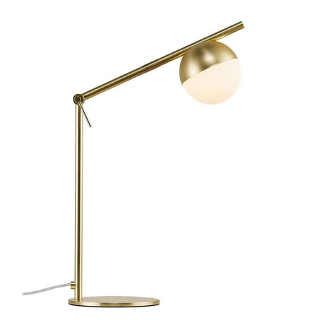 Tischlampe Contina mit goldfarbenem Gestell und opalweißer Glaskuppel für elegantes, blendfreies Licht.